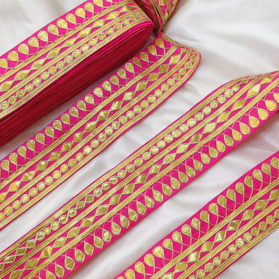 Pink and Gold Lattice Embroidered Lace Border with Leaf Motif Detailing