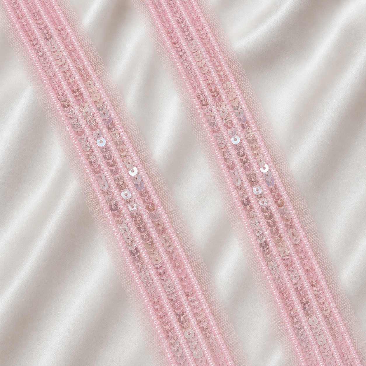 Pink Beaded and Sequin Embellished Net Lace Trim