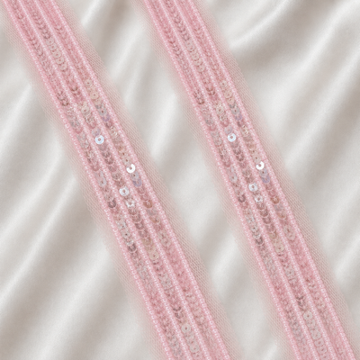 Pink Beaded and Sequin Embellished Net Lace Trim
