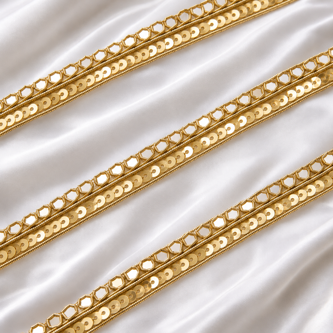 Elegant Hexagonal Mirror Work Lace Trim with Sequin & Beaded Border