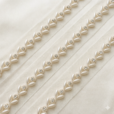 Off White Pearl and Stone Designer Lace Trim Border
