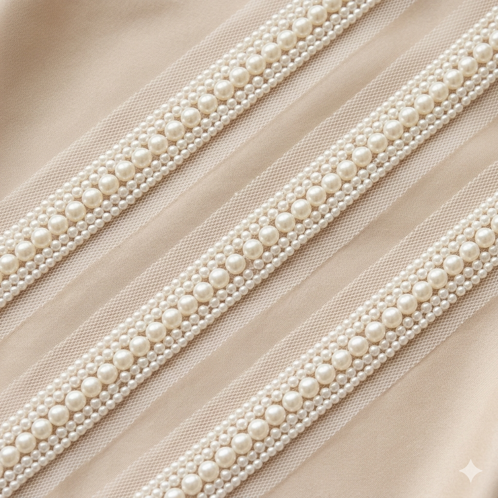 Handcrafted Pearl Embellished Lace Trim Border