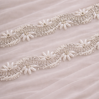 White Beads & Stone Embellished Handwork Lace