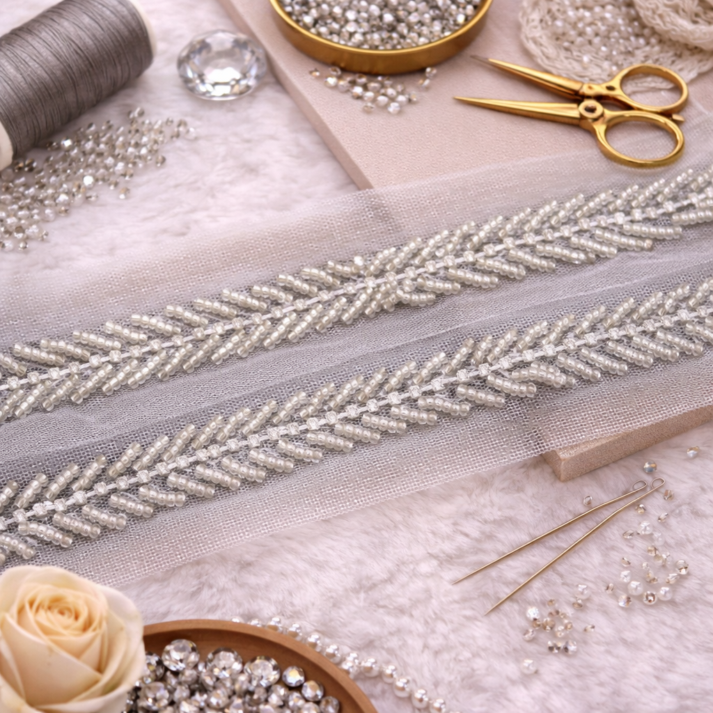 Silver Leaf Pattern Beaded Lace