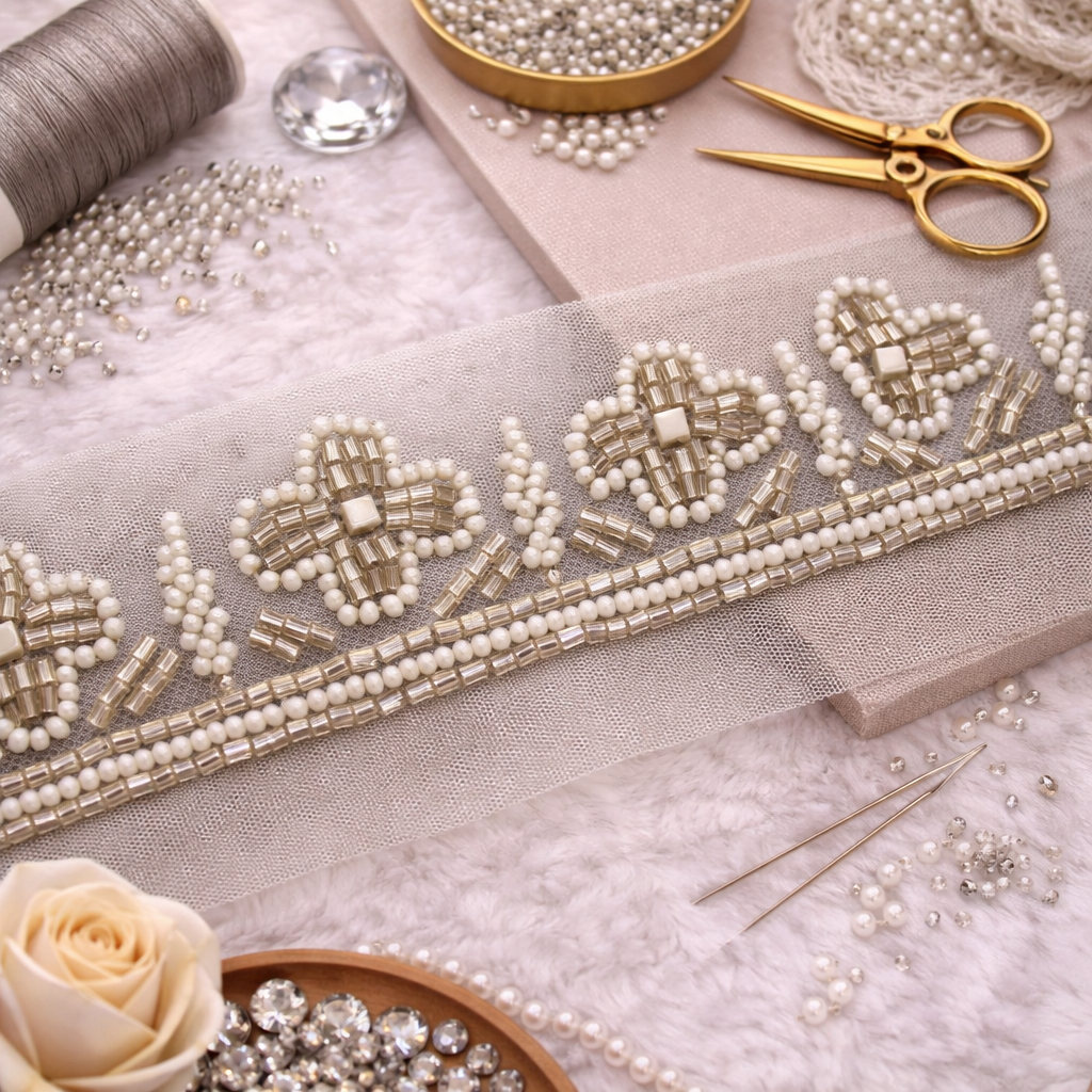 Ivory Floral Bead & Bugle Lace