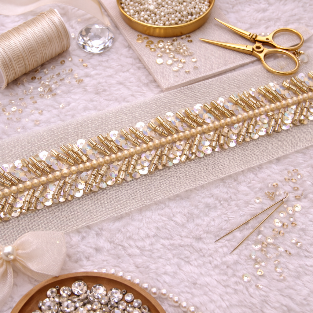 Gold Sequin & Pearl Lace