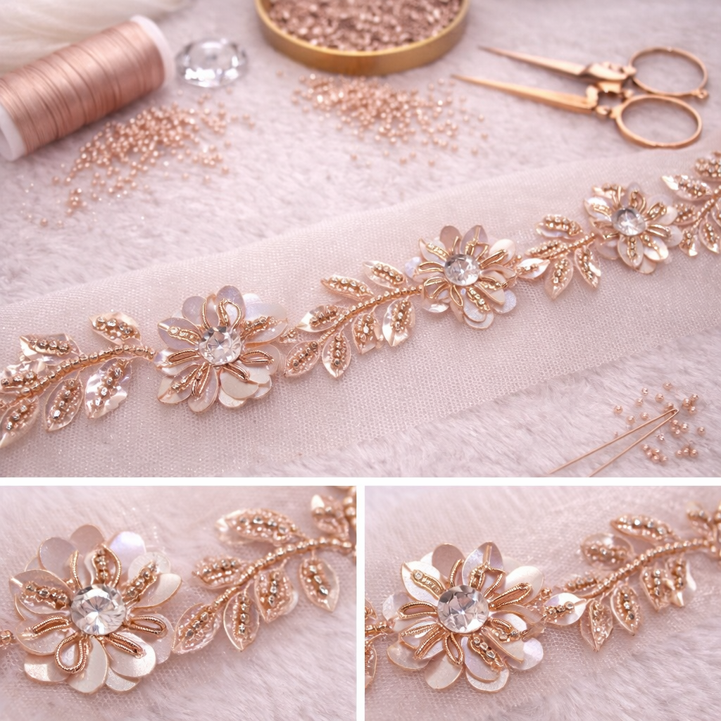 Rose Gold Floral Beaded Lace