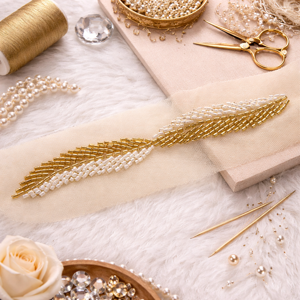 Hand Beaded Gold Bugle Lace Trim