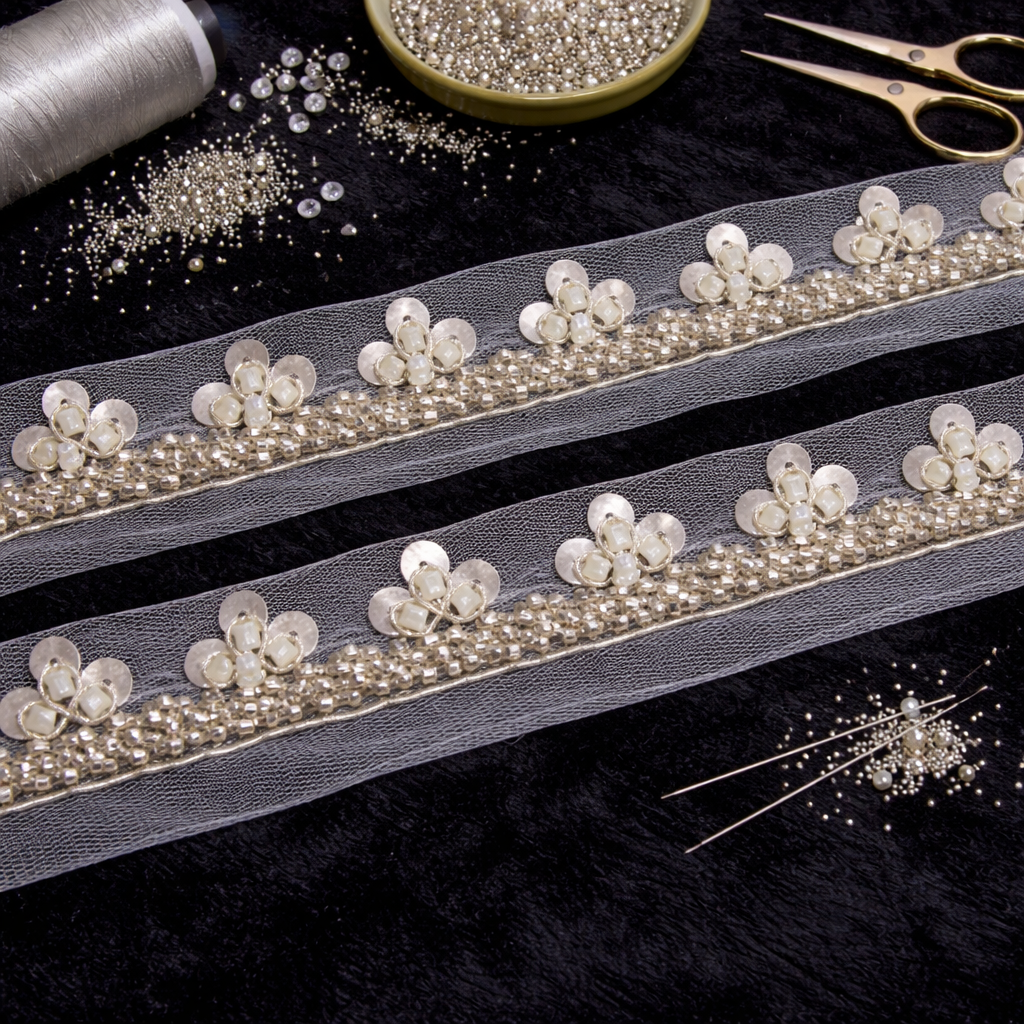 Ivory Floral Sequin & Bead Lace Trim