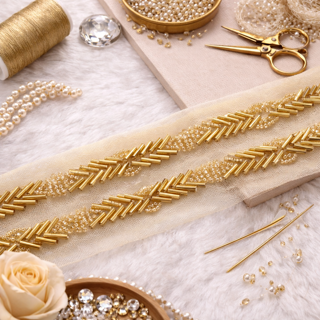 Gold Bugle Bead Chevron Trim