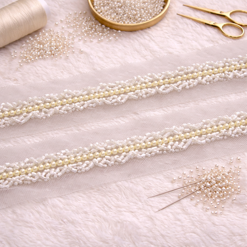Ivory Pearl & Beaded Lace Trim