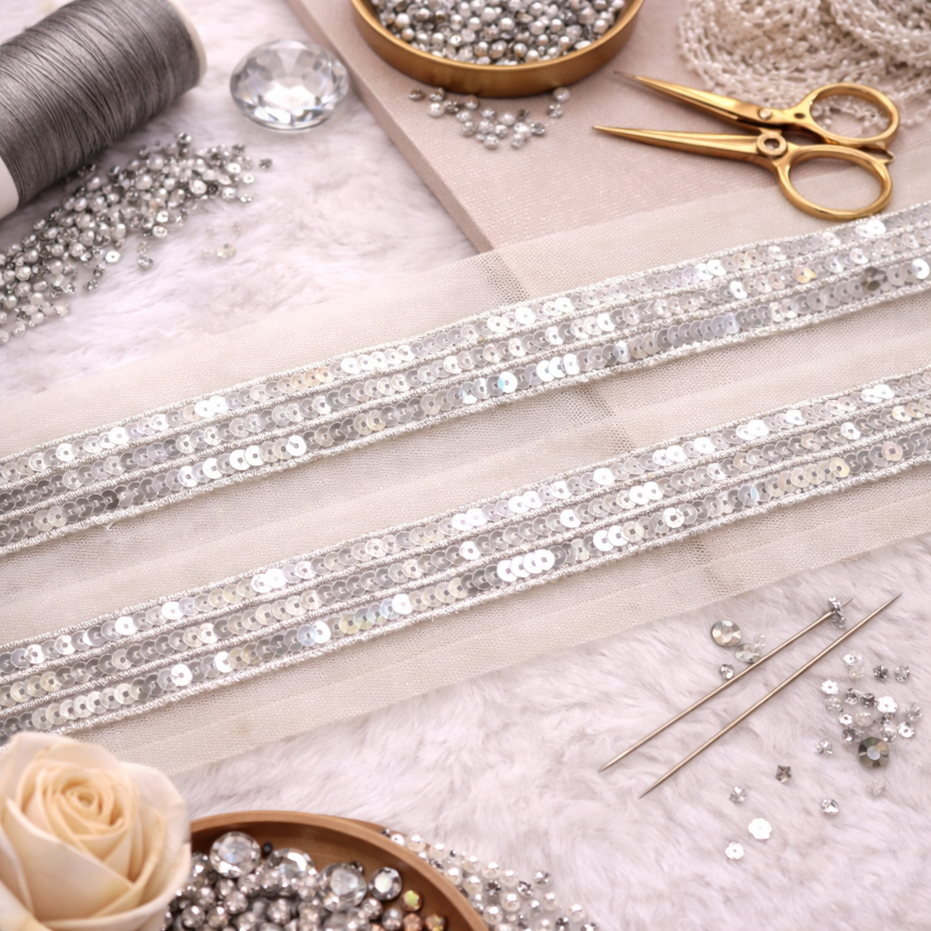 Ivory Sequin Double-Line Lace