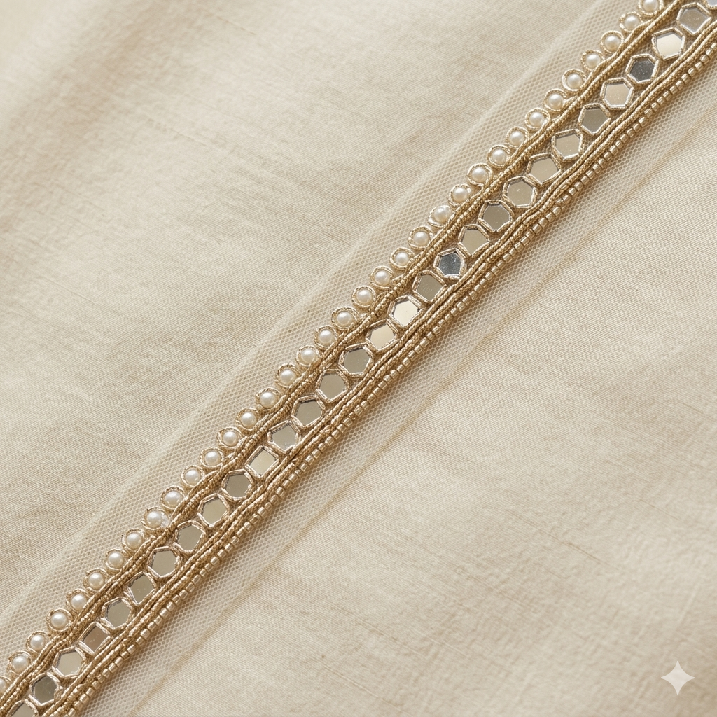Handcrafted Mirror and Pearl Lace Trim Border