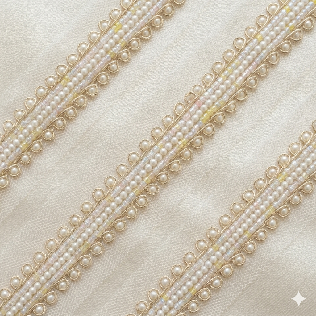 Handcrafted Pearl and Multicolor Beaded Lace Trim Border