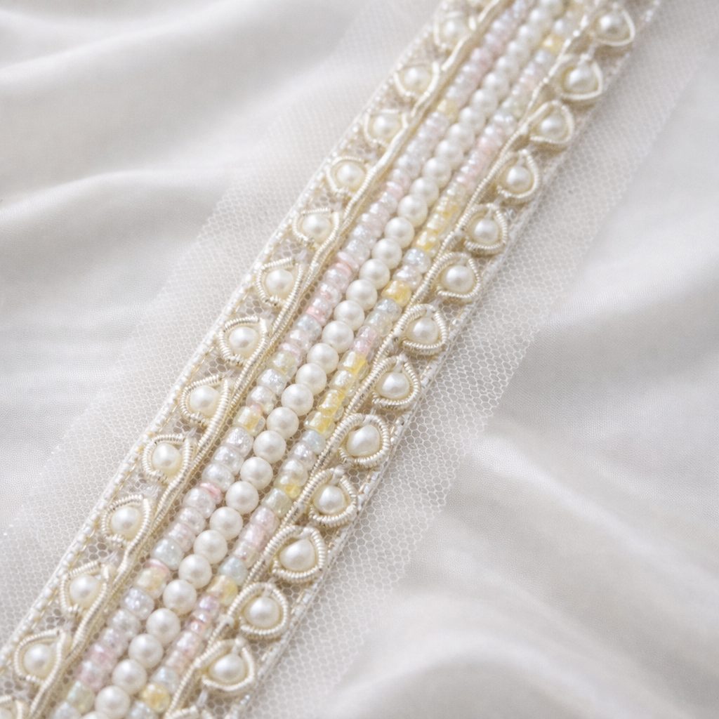Handcrafted Pearl and Multicolor Beaded Lace Trim Border