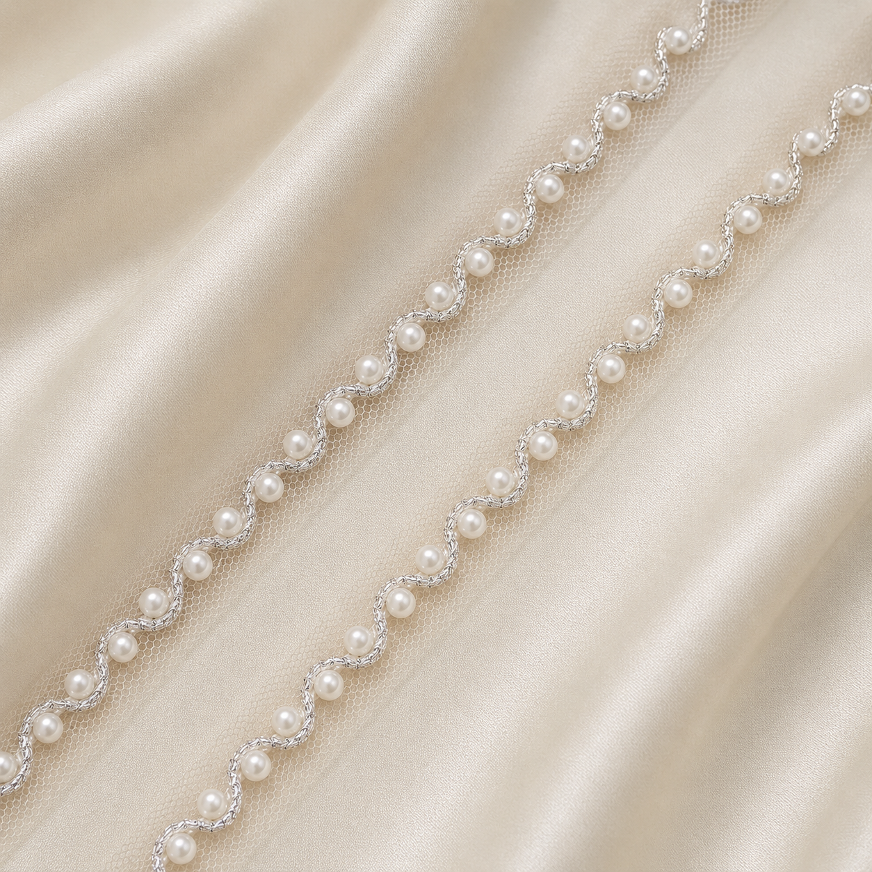 Wavy Pearl Embroidered Net Lace Border