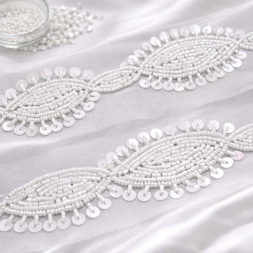 Beaded Embroidered Motif Lace Trim on Sheer Base