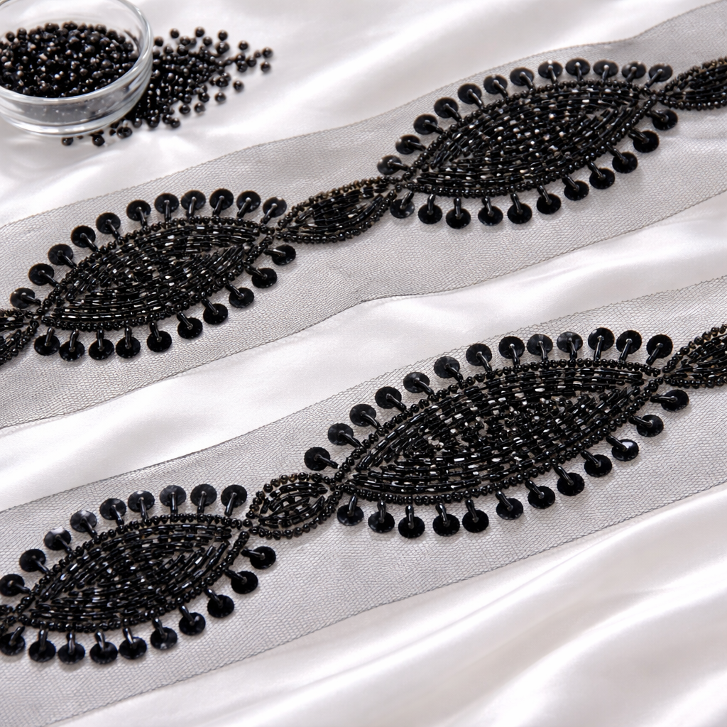 Beaded Embroidered Motif Lace Trim on Sheer Base
