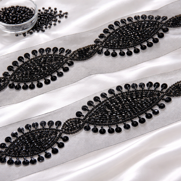 Beaded Embroidered Motif Lace Trim on Sheer Base