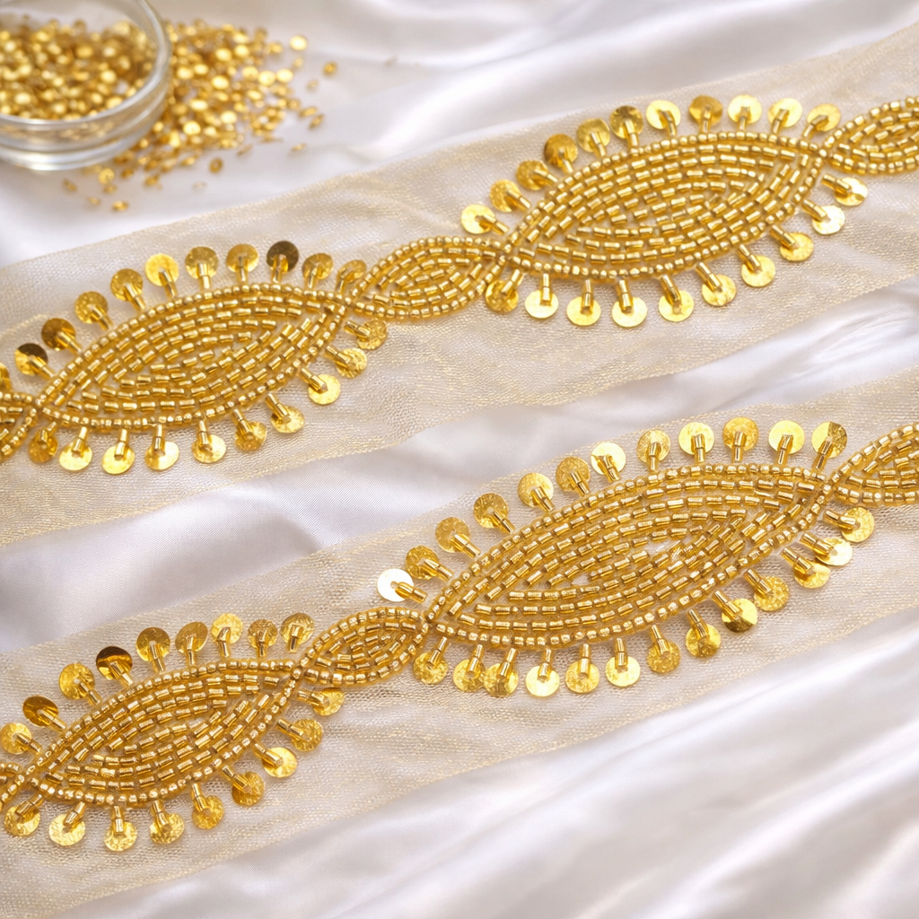 Beaded Embroidered Motif Lace Trim on Sheer Base