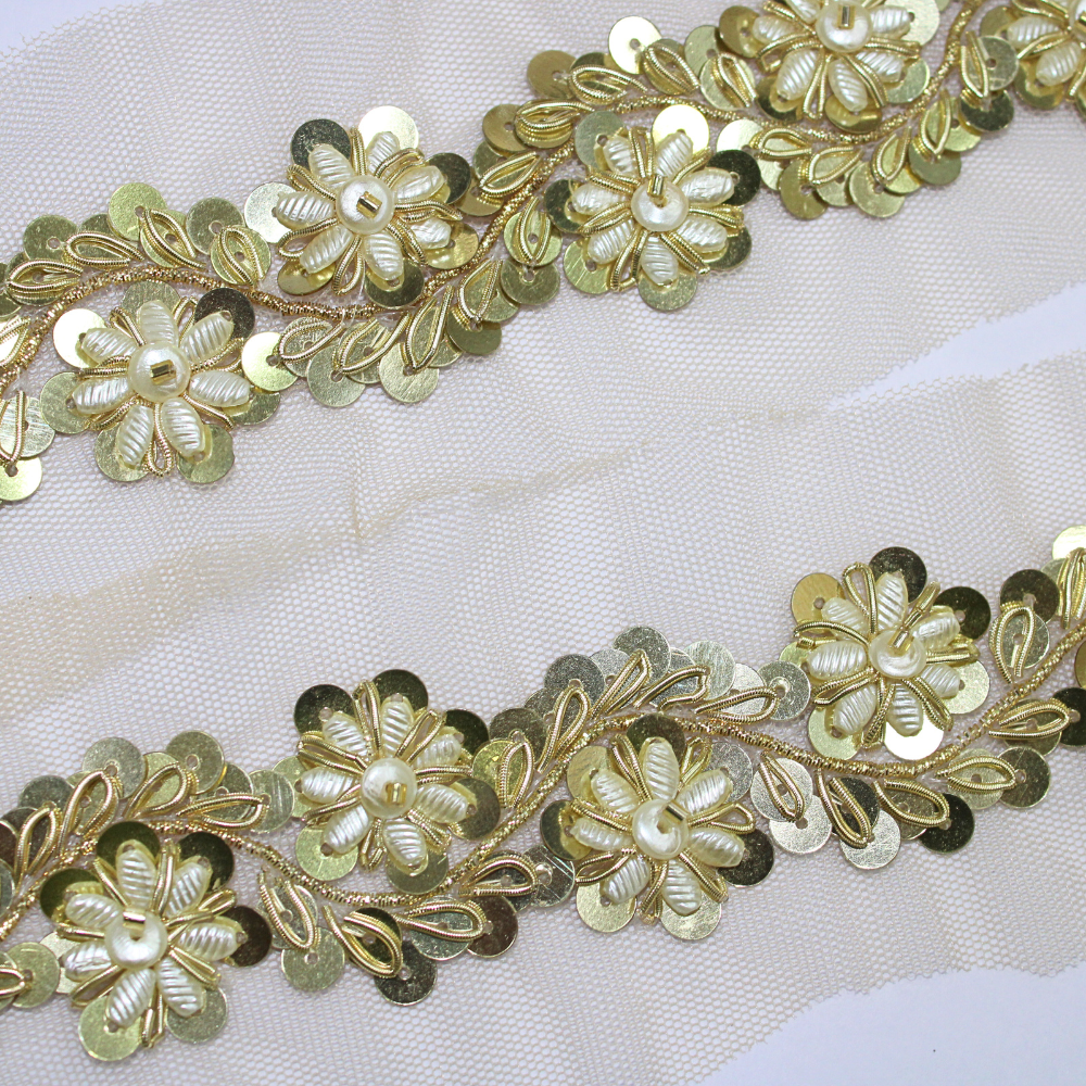 Floral Sequin and Pearl Embellished Lace Trim