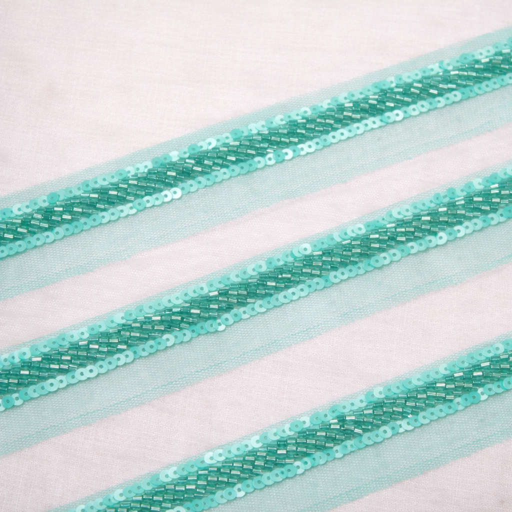 Sea Green Cutdana and Sequin Embellished Handwork Trim