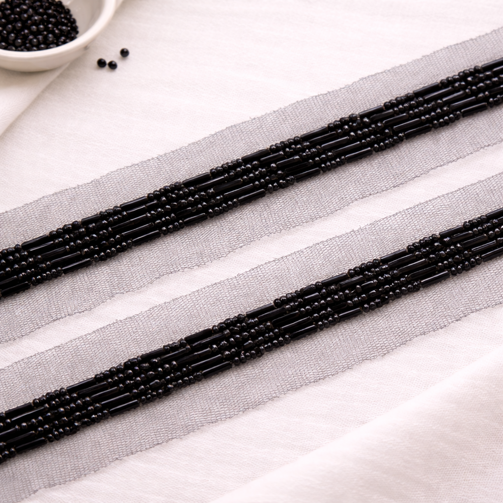 Black Twinkling Beads Handwork Lace Border
