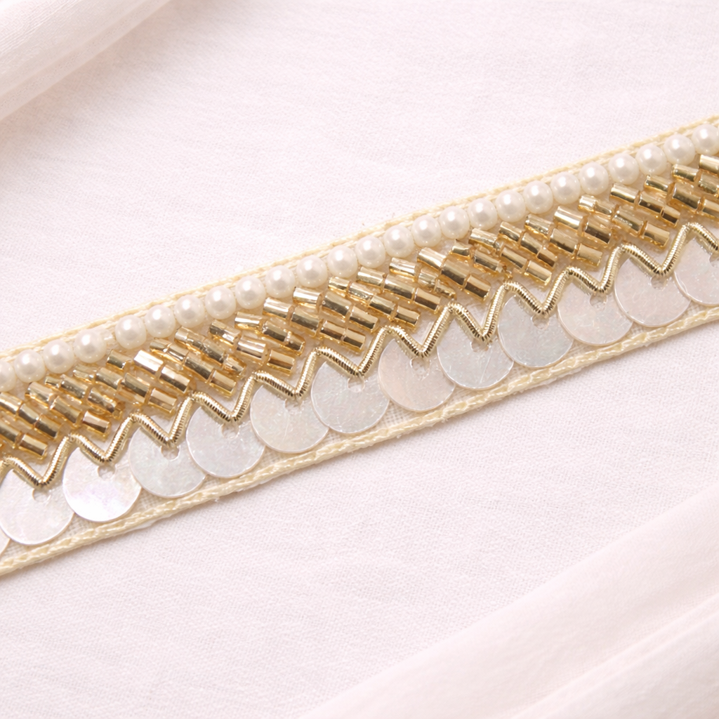 Ivory & Gold Handworked Pearl Sequin Trim
