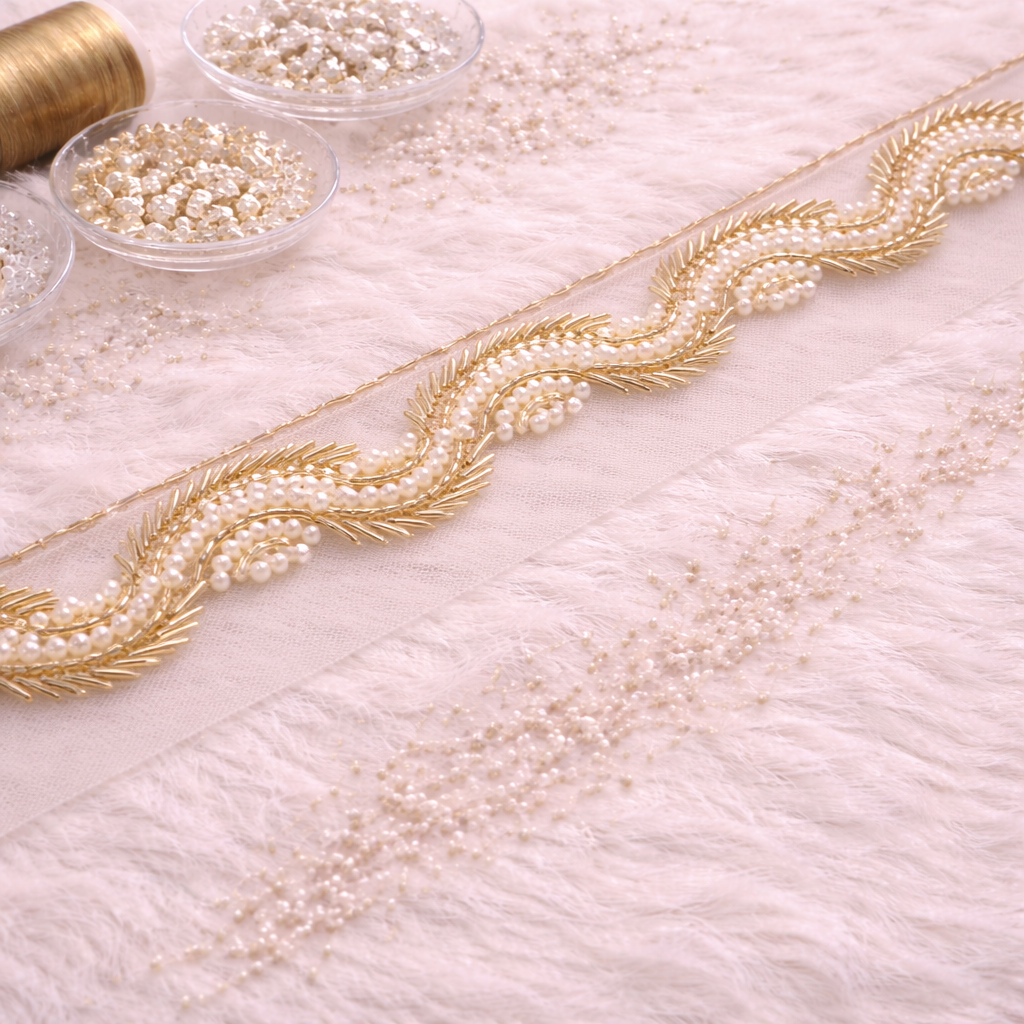 Golden and White Embellished Handwork Trim