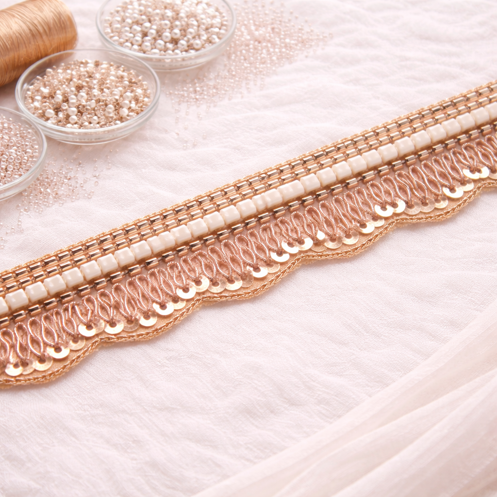 Rose Gold and White Stone Embellished Handwork Trim