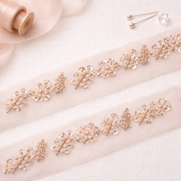 Delicate Floral Pearl & Crystal Handwork Lace on Soft Net