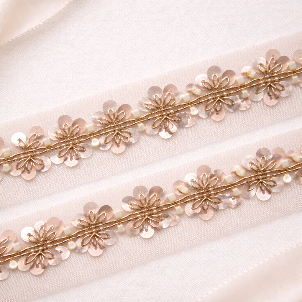 Rose Gold Sequin Floral Embellished Handcrafted Trim