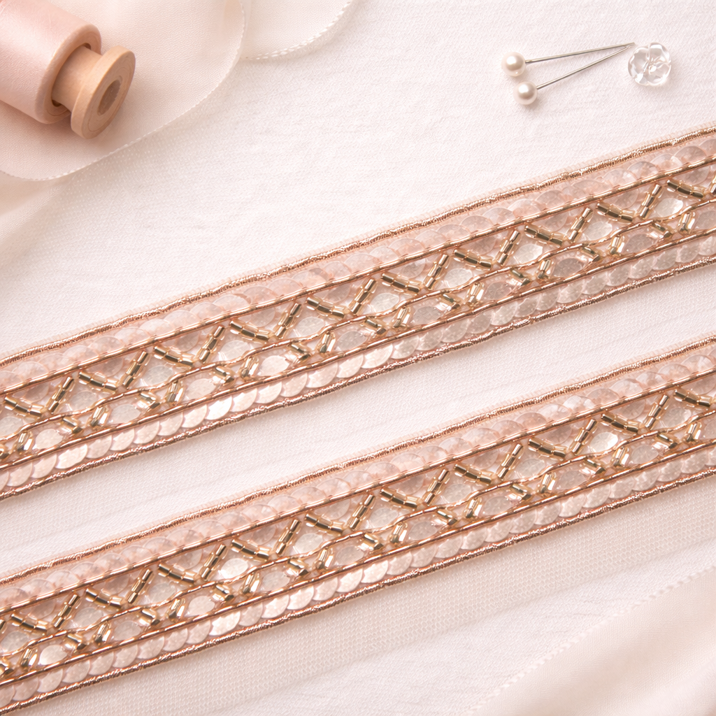 Rose Gold Sequin Work Embellished Handwork Lace