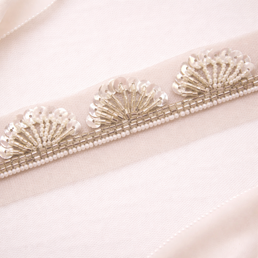Ivory Pearl & Sequin Scalloped Handwork Lace Trim