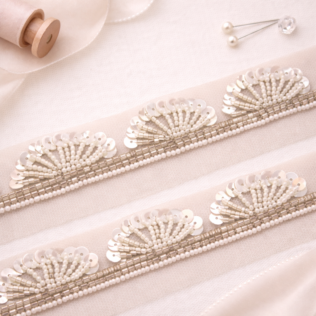 Ivory Pearl & Sequin Scalloped Handwork Lace Trim