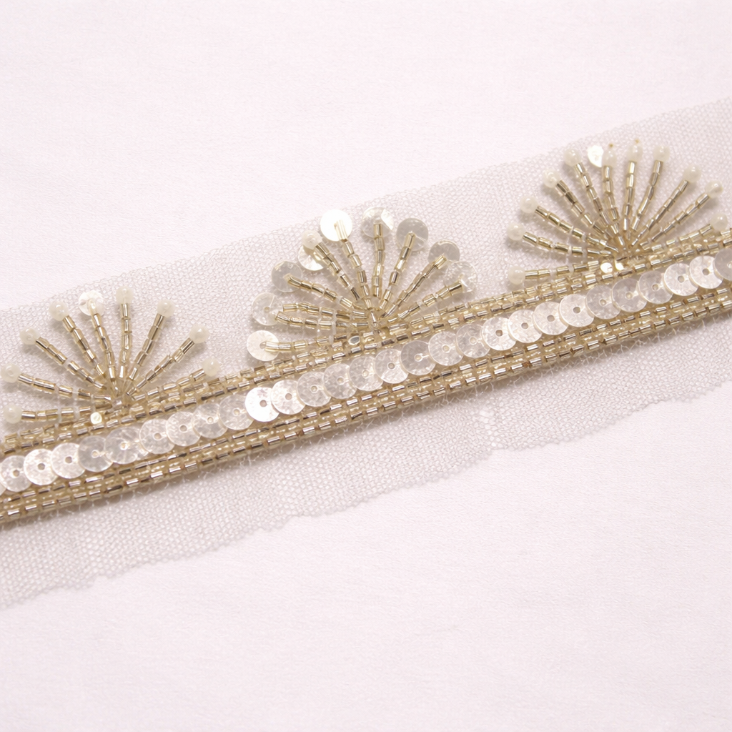 Light Gold Sequin Floral Embellished Handwork Trim