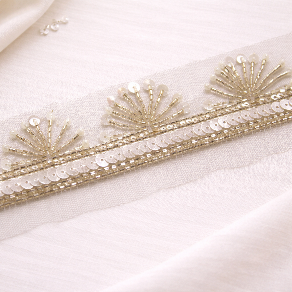 Light Gold Sequin Floral Embellished Handwork Trim