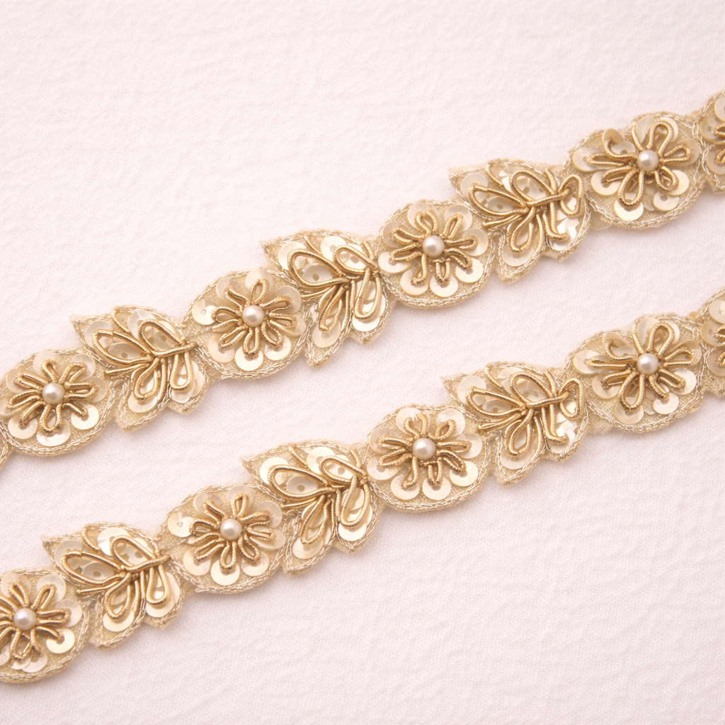 Floral Pearl & Gold Zardozi Inspired Handwork Lace