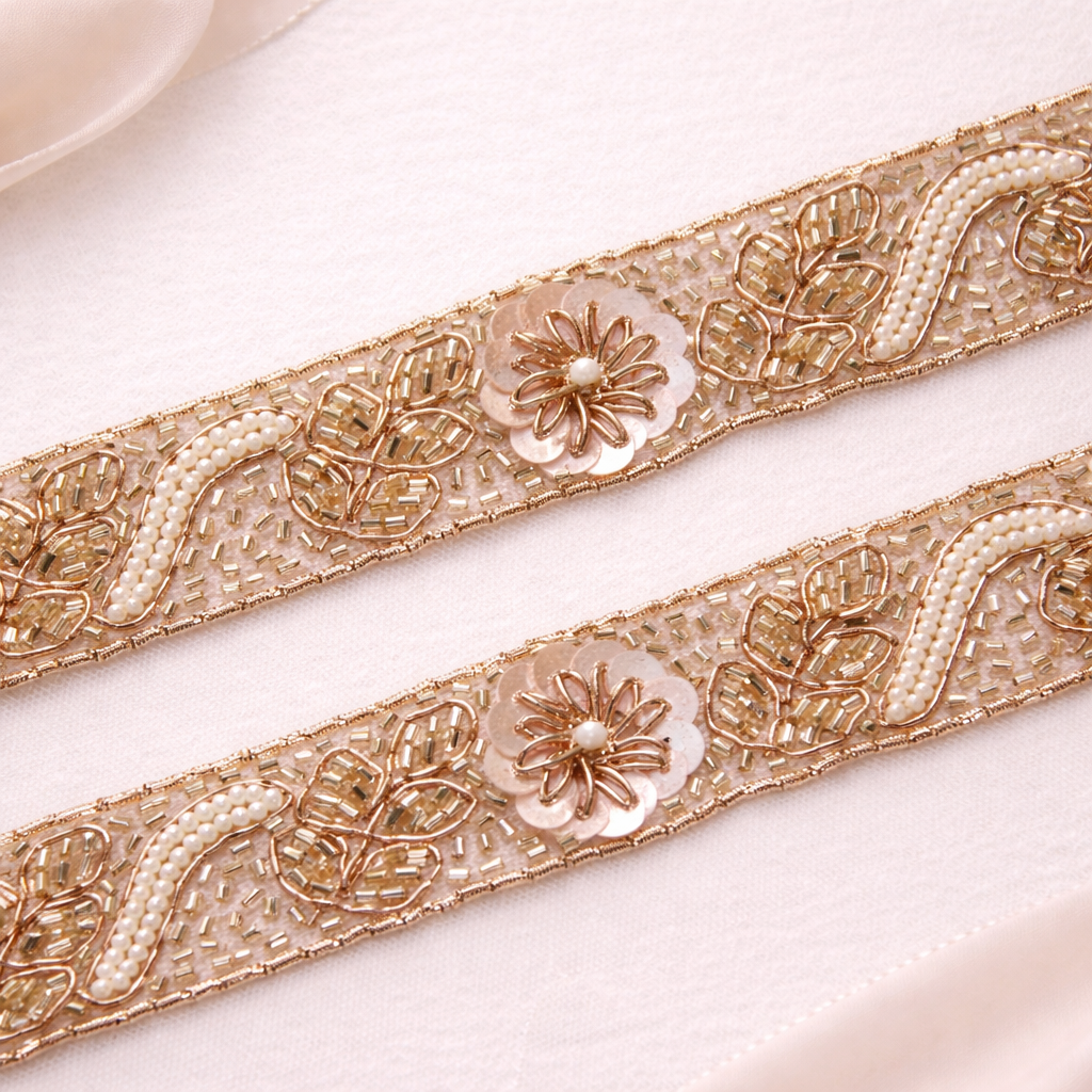 Rose Gold Sequin Floral Embellished Handwork Lace