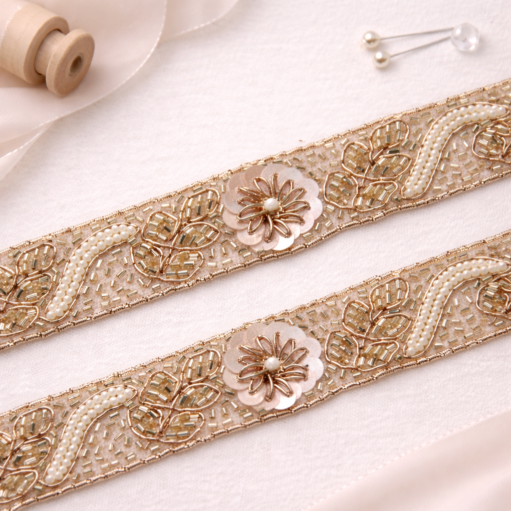 Rose Gold Sequin Floral Embellished Handwork Lace