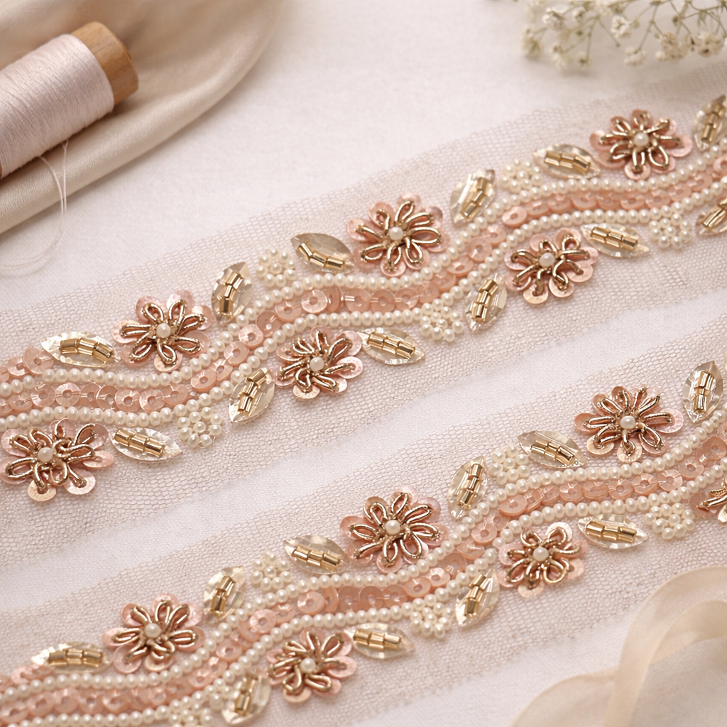 Handcrafted Floral Sequin & Pearl With Sequin Trim
