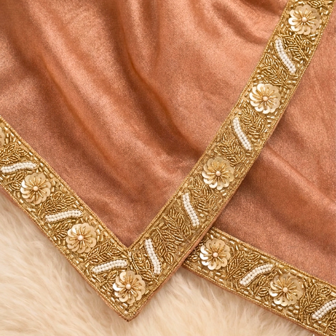 Golden Sequin Floral Embellished Handwork Lace