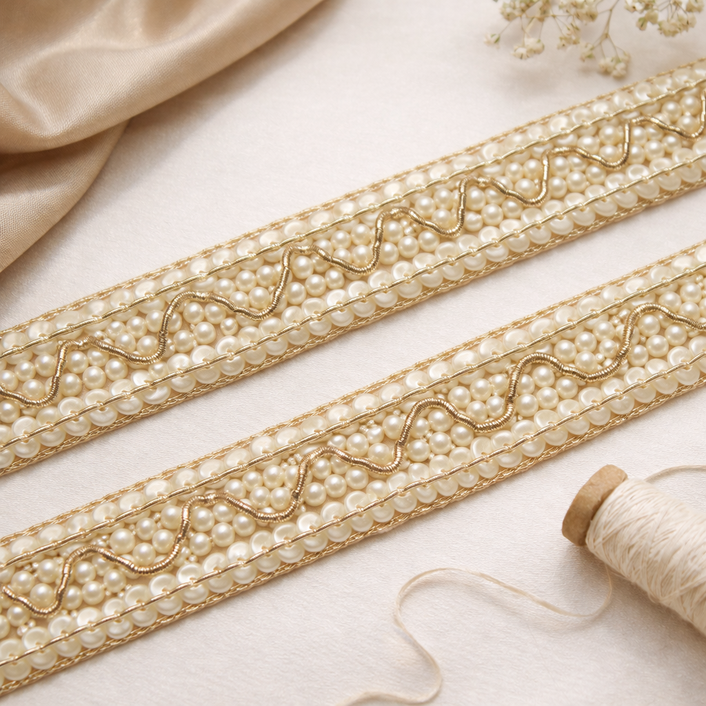 Heavy Pearl Filled Luxury Hand Embroidered Lace Border