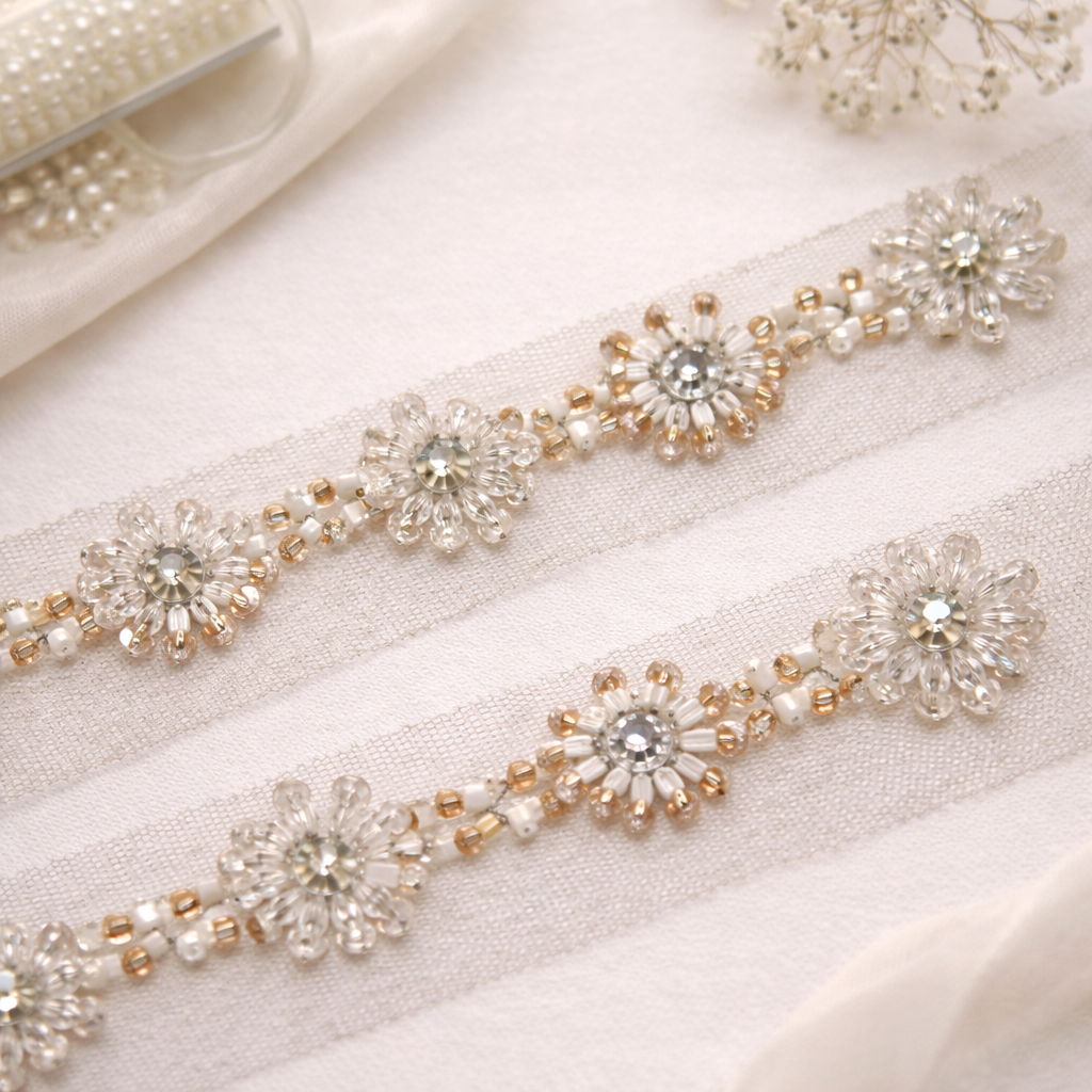 Handcrafted Pearl & Gold Floral Beaded Lace Trim