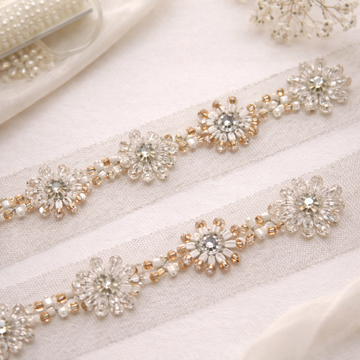 Handcrafted Pearl & Gold Floral Beaded Lace Trim