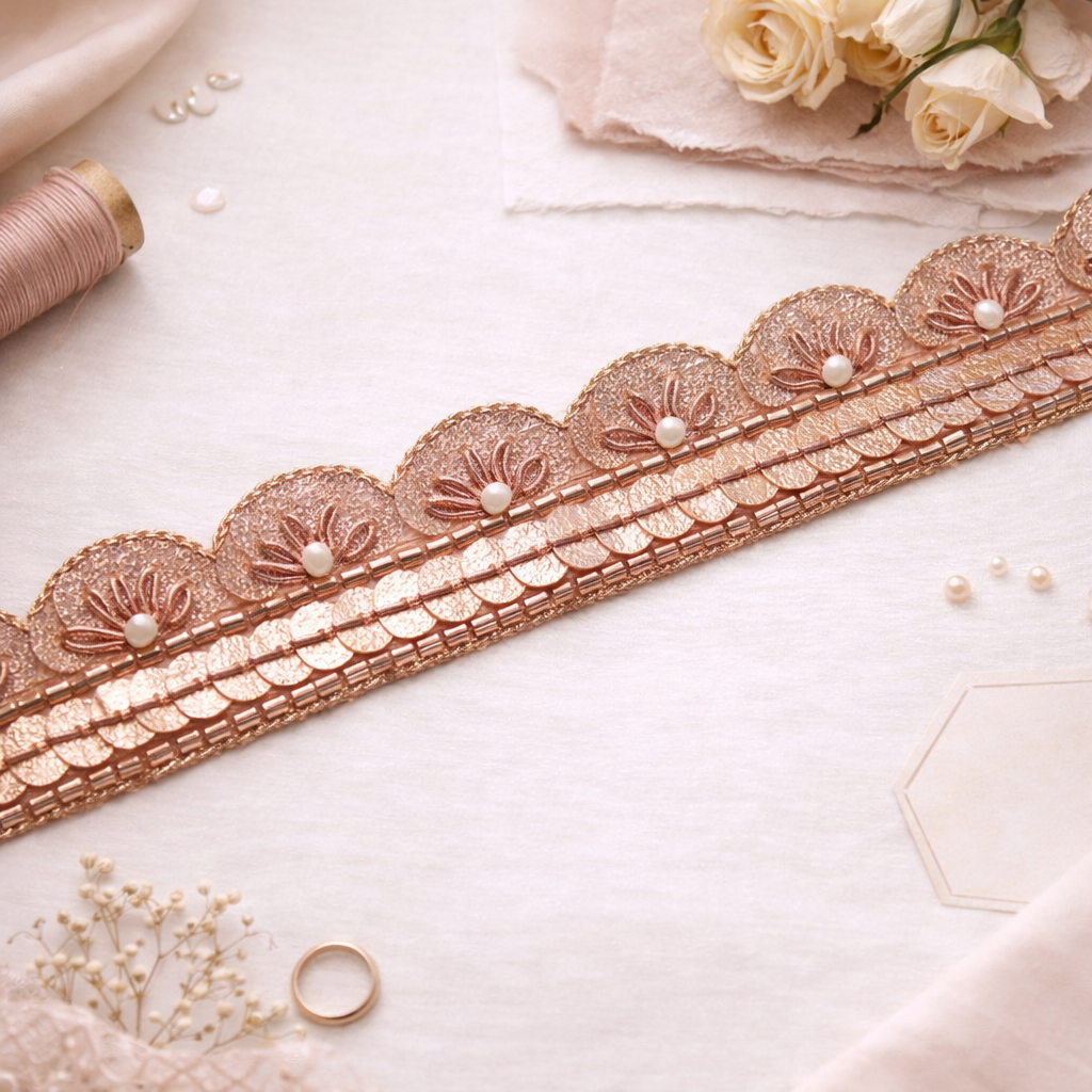 Rose Gold Shimmer Sequin Embellished Handwork Lace