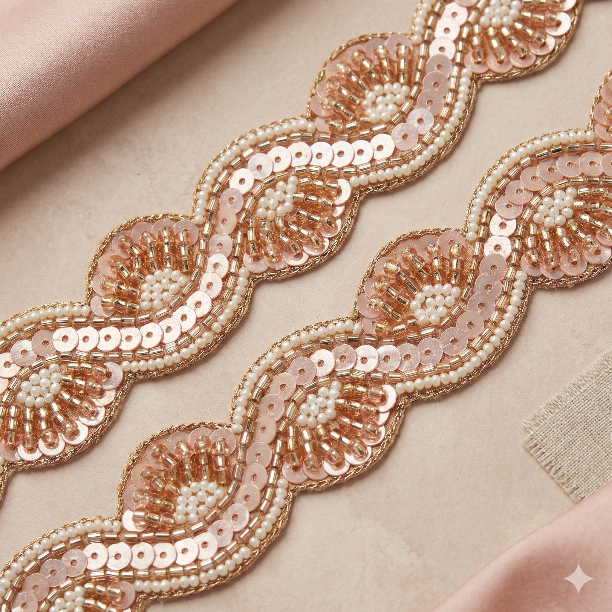 Rose Gold and Gold Sequin, Pearl & Beaded Embroidered Lace Border