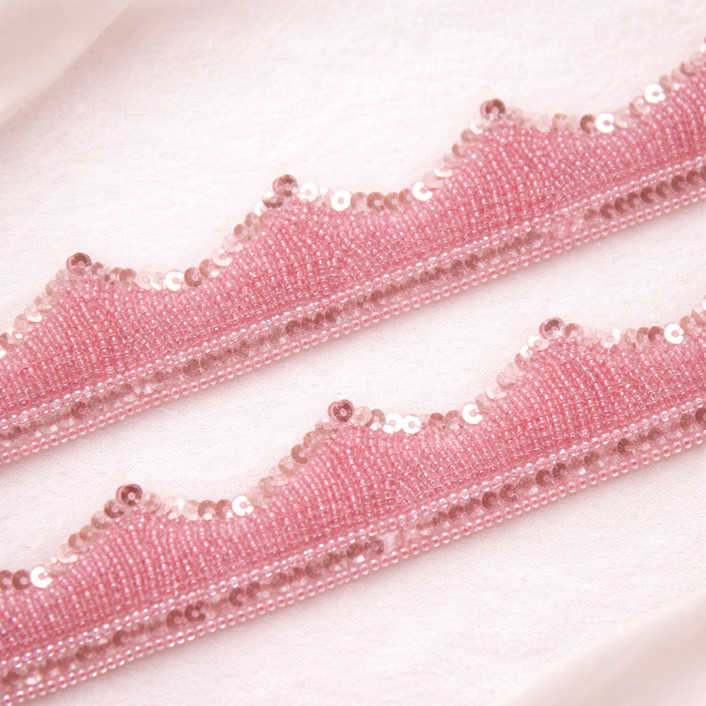 Blush Pink Beaded and Sequin Embroidered Scalloped Trim
