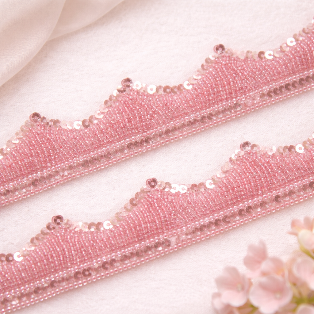Blush Pink Beaded and Sequin Embroidered Scalloped Trim