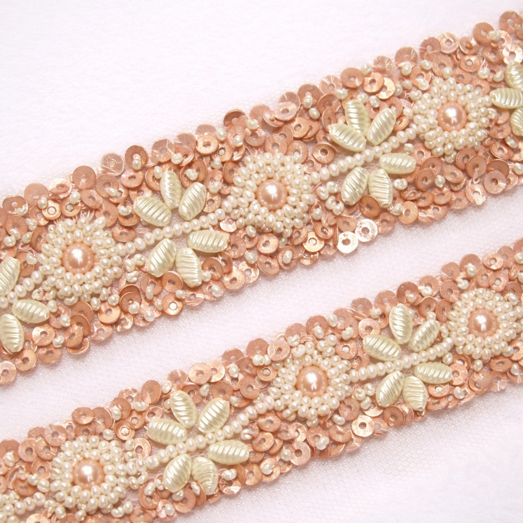 Peach and Ivory Floral Pearl & Sequin Embroidered Lace Border Trim